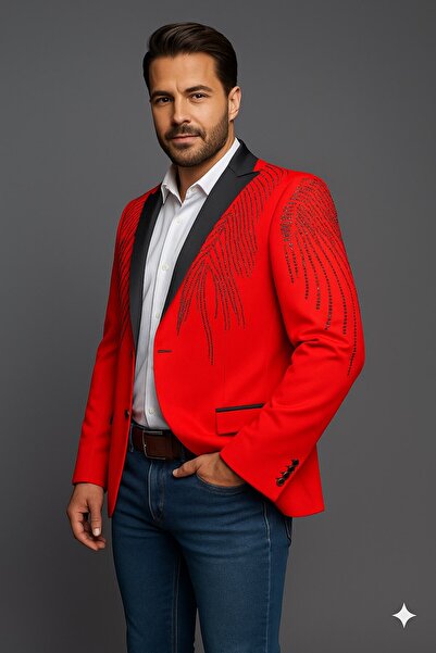 Plus Scorpion Jachetă neagră pentru bărbați cu rever din satin cu pietre aplicate – Design special, elegant, pentru mire și combinație de seară