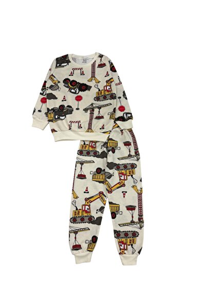 Şekerkids Boy's Cotton Two-Thread Sh Fleece-Lined Cream Color Work Machine Patterned Pajama Set