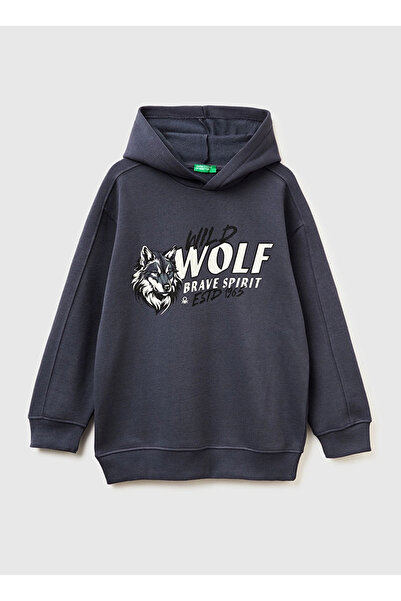 Benetton Baskılı Erkek Çocuk Koyu Gri Sweatshırt 3J73C205C