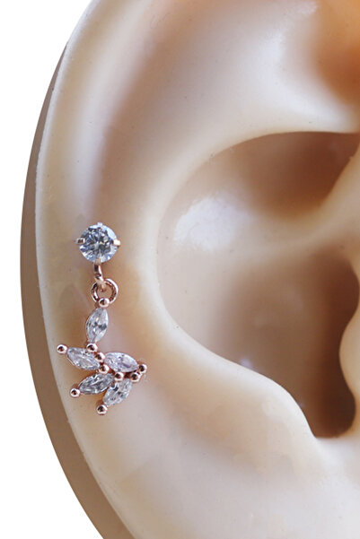 Cadının Dükkanı Rose Gold Yaprak Sallantılı Zirkon Taşlı Cerrahi Çelik Helix ...