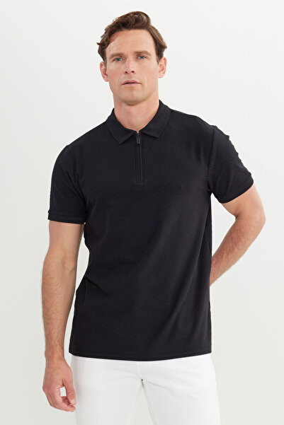 ALTINYILDIZ CLASSICS Men's Black Cotton Slim Fit Slim Fit Polo Neck Flexible T-Shirt