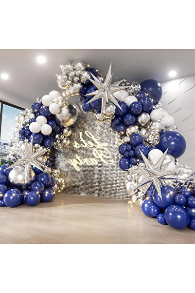 Generic مجموعة زينة قوس البالونات اللاتكس باللون الأزرق والأبيض والفضي من 124...