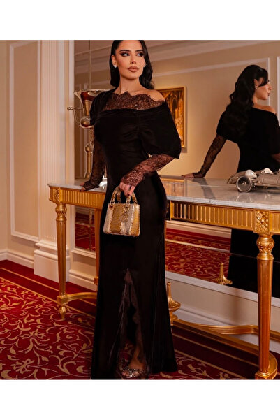 MODA DRESSES فستان دانتيل ومخمل مع الأكمام لون الترند