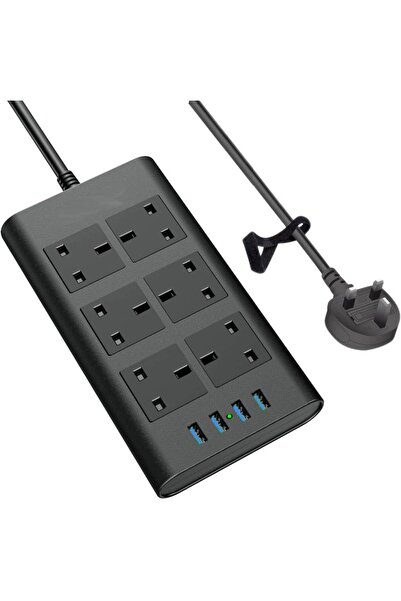 HYX سلك تمديد 10 في 1، 6 مقابس من المملكة المتحدة إلى الإمارات العربية المتحدة + 4 منافذ طاقة USB بطول 2 متر