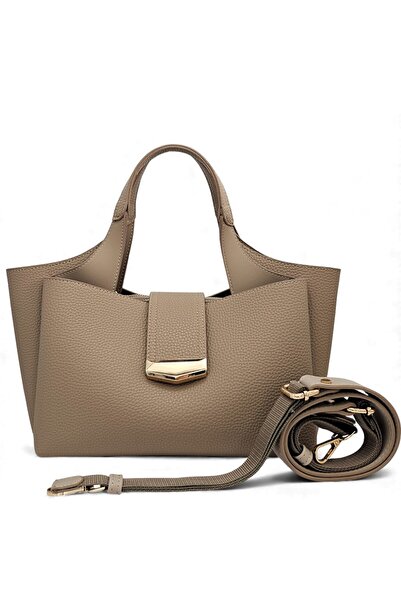 Evident Sand Beige Lock Detailed Soft Textured Multi-Compartment Women's Hand and Crossbody Shoulder Bag