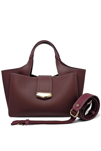 Evident Burgundy Lock Detailed Soft Textured Multi-Compartment Women's Hand and Crossbody Shoulder Bag