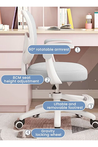 Generic Children's study chair, adjustable armrests and height office chair, with caster wheels and footrest