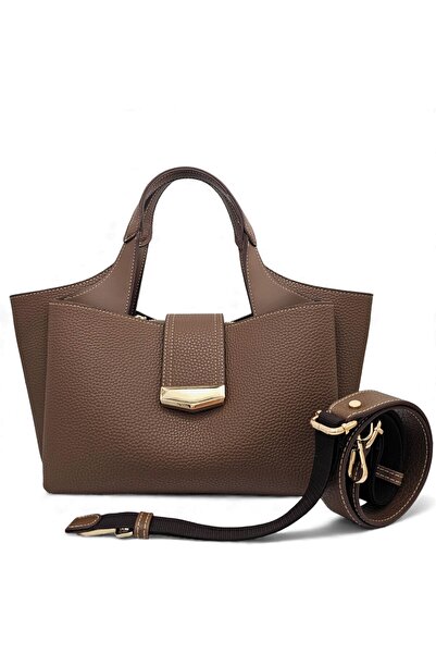Evident Light Brown Lock Detailed Soft Textured Multi-Compartment Women's Hand and Crossbody Shoulder Bag