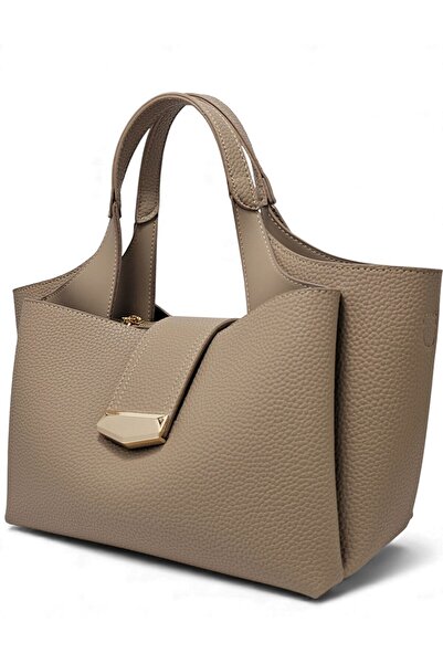 Evident Sand Beige Lock Detailed Soft Textured Multi-Compartment Women's Hand and Crossbody Shoulder Bag