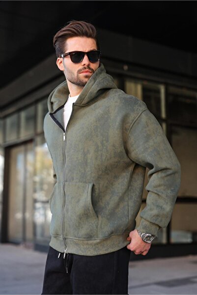 Madmext Khaki Double-Zip Tie-Dye Patterned Men's Cardigan E7175