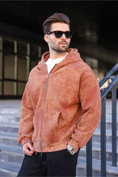 Madmext Brown Double-Zipper Tie-Dye Patterned Men's Sweater E7175