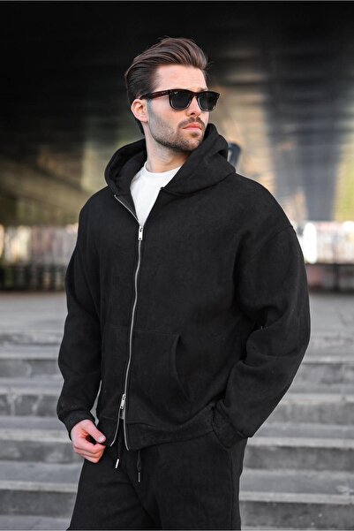 Madmext Black Double Zipper Tie-Dye Patterned Men's Cardigan E7175