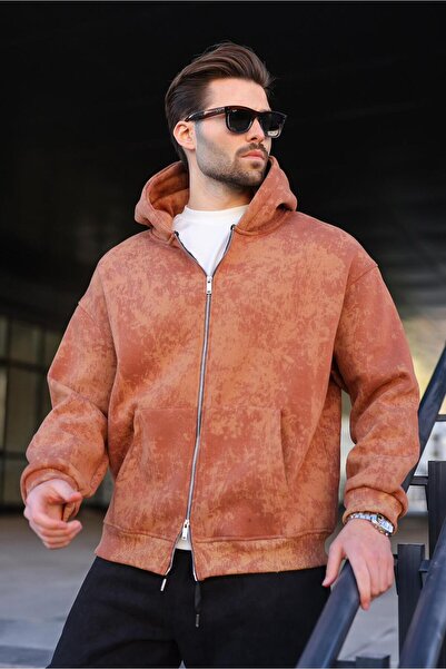 Madmext Brown Double-Zipper Tie-Dye Patterned Men's Sweater E7175