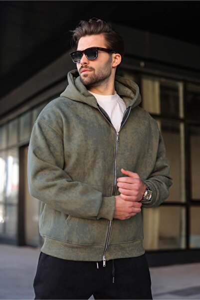 Madmext Khaki Double-Zip Tie-Dye Patterned Men's Cardigan E7175