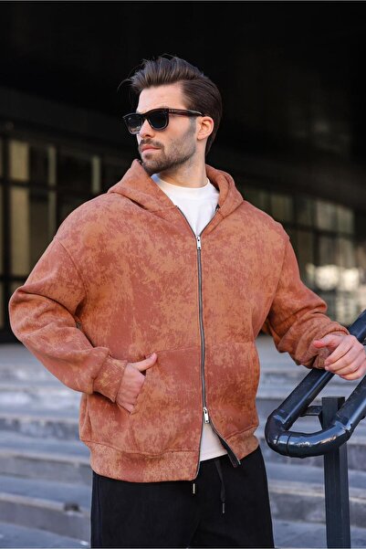 Madmext Brown Double-Zipper Tie-Dye Patterned Men's Sweater E7175