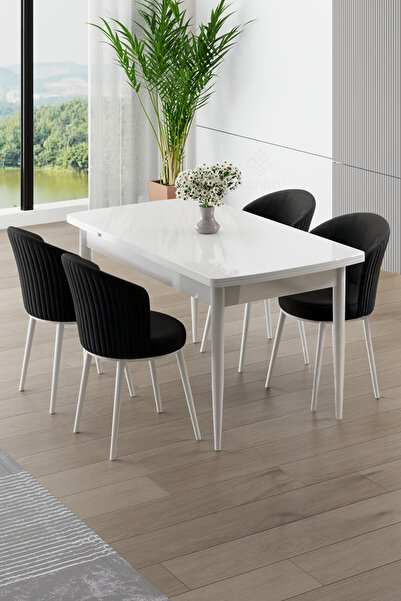 Canisa Asfel Serisi MDF 77x130 Beyaz Yandan Açılabilir Mutfak Masa Takımı 4 S...