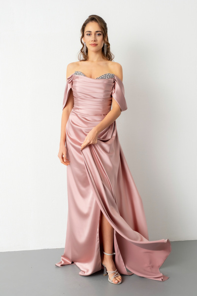 Lafaba Women's Powder Boat Neck Slit Long Satin Evening Dress