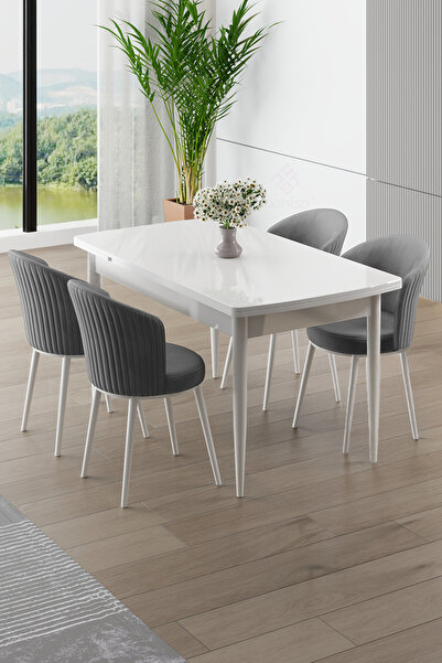 Canisa Asfel Serisi MDF 77x130 Beyaz Yandan Açılabilir Mutfak Masa Takımı 4 G...