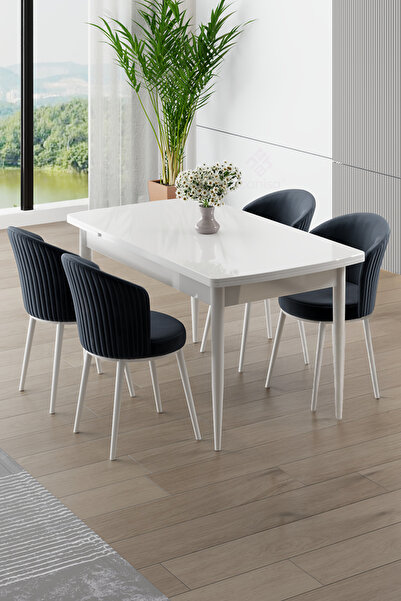 Canisa Asfel Serisi MDF 77x130 Beyaz Yandan Açılabilir Mutfak Masa Takımı 4 A...