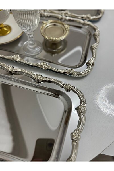 Elzemm store Stainless Steel 3 Pcs Large Rectangular Silver Rimmed Serving and Presentation Tray