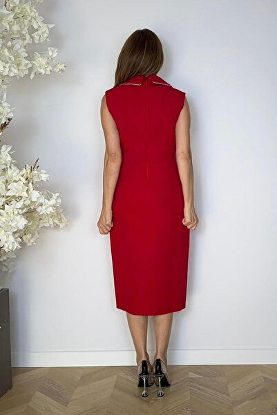 gesmoda G1022 Collar and Sleeve Stone Detailed Design Dress Red