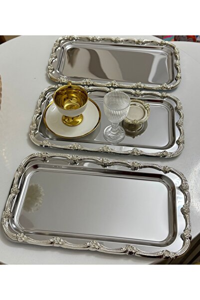 Elzemm store Stainless Steel 3 Pcs Large Rectangular Silver Rimmed Serving and Presentation Tray