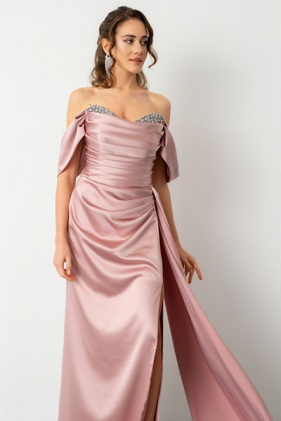 Lafaba Women's Powder Boat Neck Slit Long Satin Evening Dress