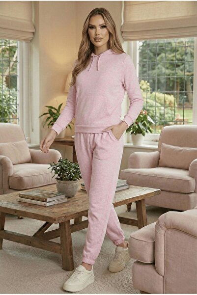 Avones Women's Pink Hooded Tracksuit Set Kangaroo Pocket Sweatshirt Jogger Bottom Two-Piece Set Daily Casual