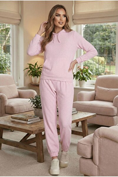 Avones Women's Pink Hooded Tracksuit Set Kangaroo Pocket Sweatshirt Jogger Bottom Two-Piece Set Daily Casual