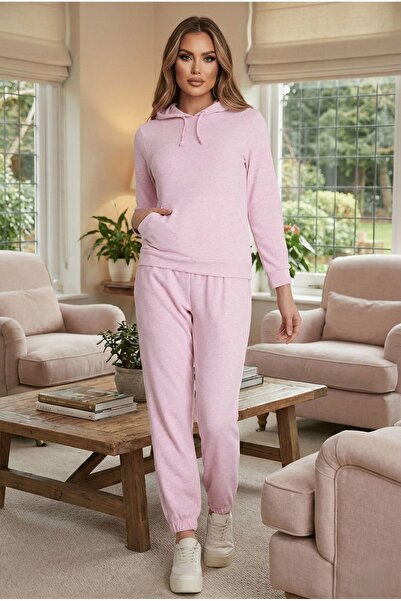 Avones Women's Pink Hooded Tracksuit Set Kangaroo Pocket Sweatshirt Jogger Bottom Two-Piece Set Daily Casual