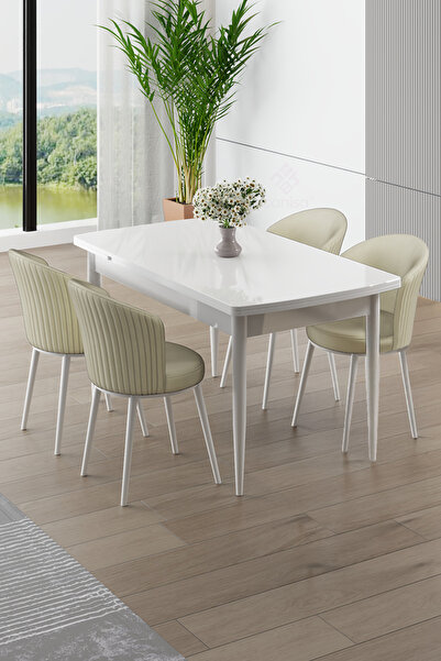 Canisa Asfel Serisi MDF 77x130 Beyaz Yandan Açılabilir Mutfak Masa Takımı 4 K...