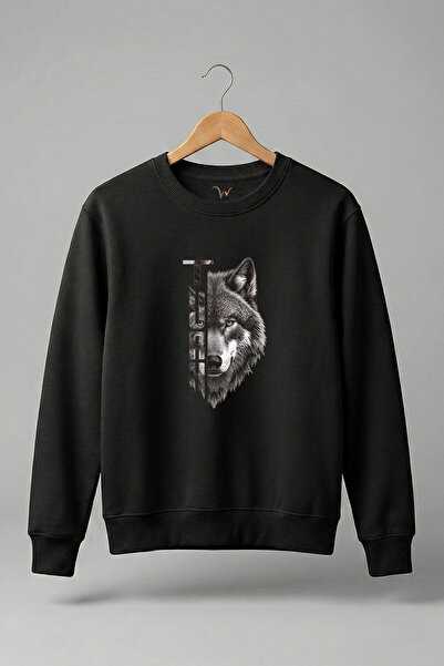 WİDİ Yarı Kurt Yarısı TÜRK Yazı Tasarım Baskılı 3 İp Şardonlu %100 Pamuk Siya...