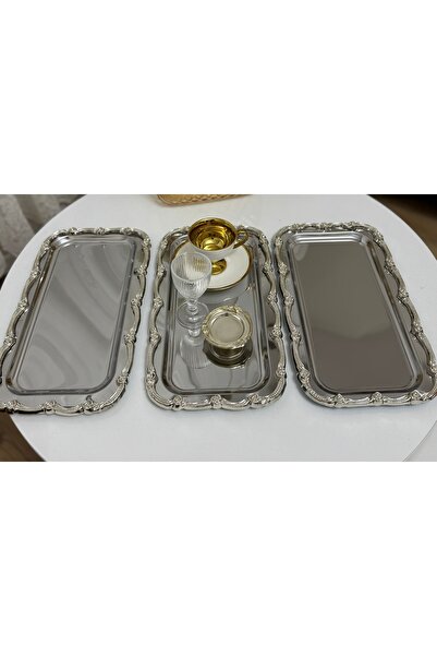 Elzemm store Stainless Steel 3 Pcs Large Rectangular Silver Rimmed Serving and Presentation Tray