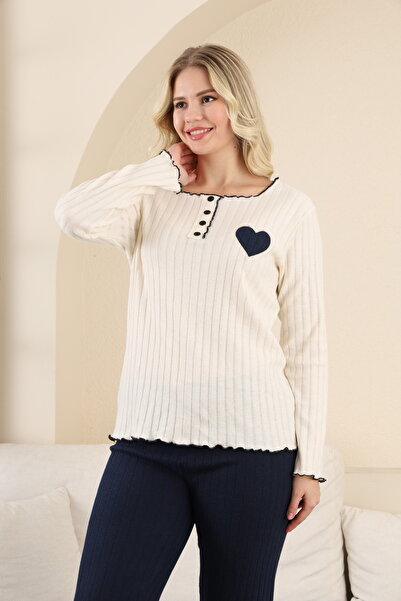 moda paketi Women's Corded Fabric Interlock Double Pajama Set – Heart Detail, Buttoned Collar, Comfortable Home Wear