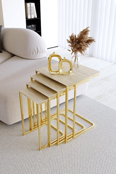 Nies Aksesuar Eslem 4'Lü Gold Ayak Traverten MDF-Mebran Kaplama Zigon Sehpa