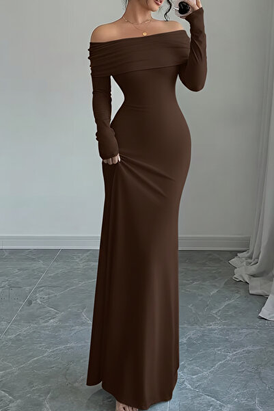 Deafox Brown Madonna Collar Long Sleeve Backless Crepe Fabric Long Dress