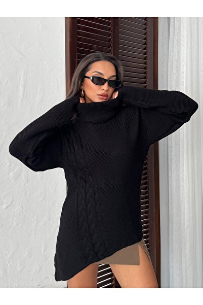 BEJNA Women's Black Asymmetrical Turtleneck Sweater