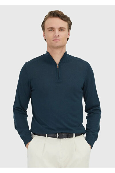 Ramsey Πουλόβερ από μαλλί με μισό ζιβάγκο, απλό πλεκτό, μείγμα μαλλιών