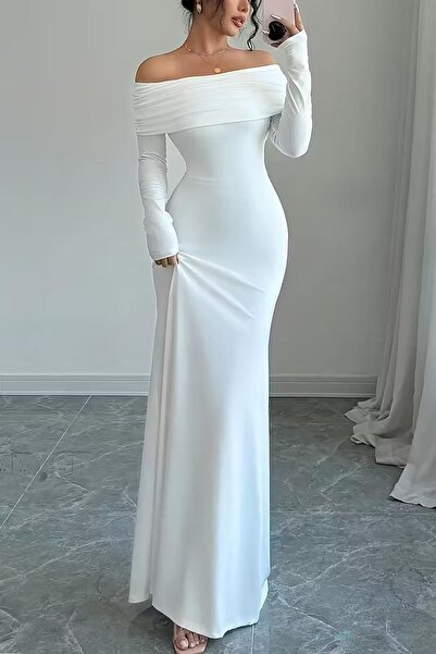 Deafox Rochie lungă din țesătură creponată cu decolteu la spate, cu mâneci lungi, cu guler alb Madonna