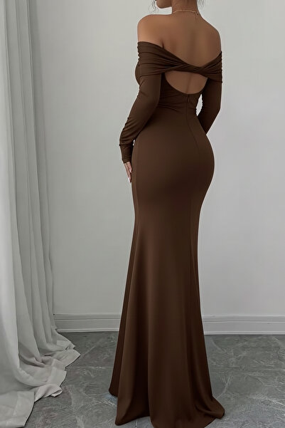 Deafox Brown Madonna Collar Long Sleeve Backless Crepe Fabric Long Dress