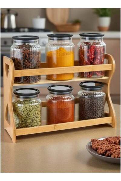 ALQANNAS 6-piece glass spice container, two-tiered, with a sturdy wooden stand.
