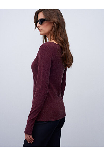 Dilvin 10842 V-Neck Cashmere Blend Knit Sweater-Burgundy M.