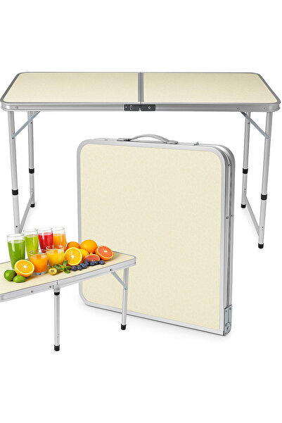 Teno ® Folding Camping Table, durable, adjustable height, 120 x 60 cm, beige