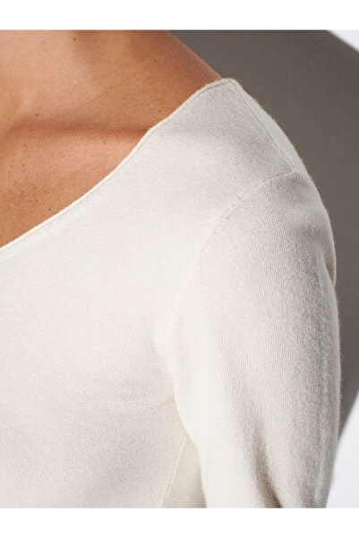 Dilvin 10842 V-Neck Cashmere Blend Knitwear Sweater-Ecru