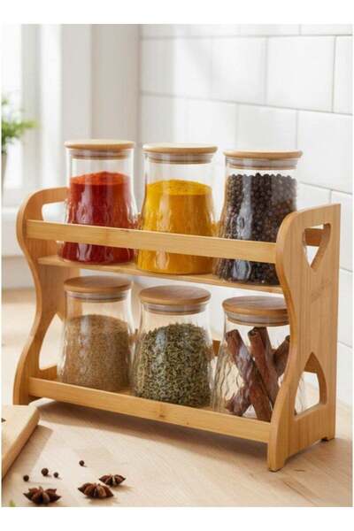 ALQANNAS 6-piece glass spice container, two-tiered, with a sturdy wooden stand.