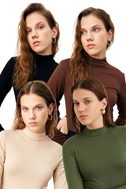 Bipantolon Women's Black Cream Bitter Brown Khaki 4-Piece Half Turtleneck Basic Bodysuit