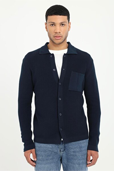 Dufy Lacivert Düğmeli Düz Regular Fit Erkek Triko Hırka