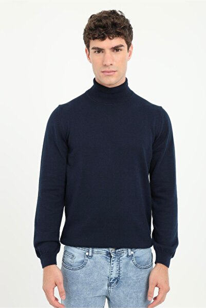 Dufy Lacivert Tam Balıkçı Yaka Regular Fit Düz Erkek Triko