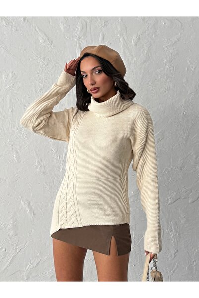 BEJNA Women's Ecru Asymmetrical Turtleneck Sweater
