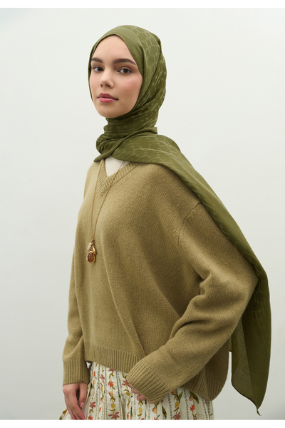 Freshscarfs MONOGRAM PAMUK FLOŞ JAKARLI ŞAL ZEYTİN YEŞİLİ